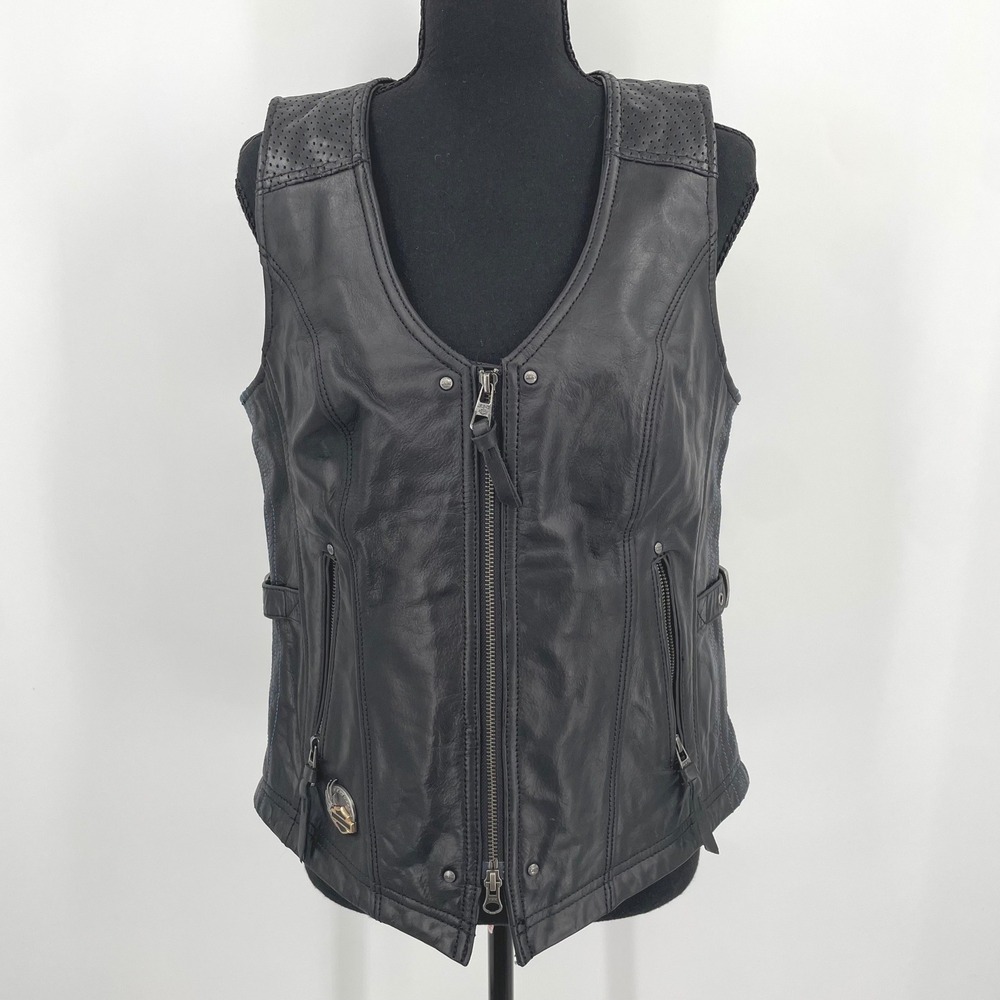 Harley-Davidson Vest Womens M Black Buffalo Leather 115th Anniversary Biker Moto